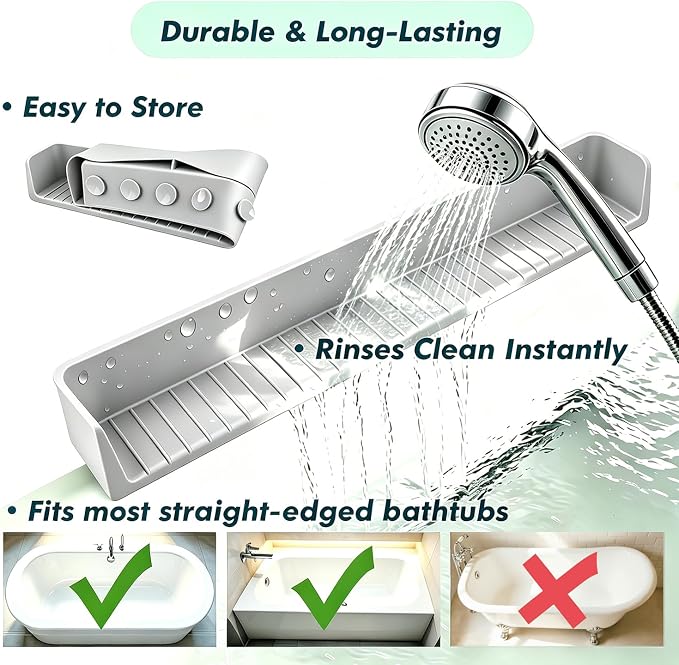 Bathtub Splash Guard with Strong Suction Cups, Silicone Splash Guard for Bathtub, Bath Toys Storage & Organizer Shelf for Kids, Flexible Water Guard for Bathroom Tub Edge and Kitchen Sinks Gray