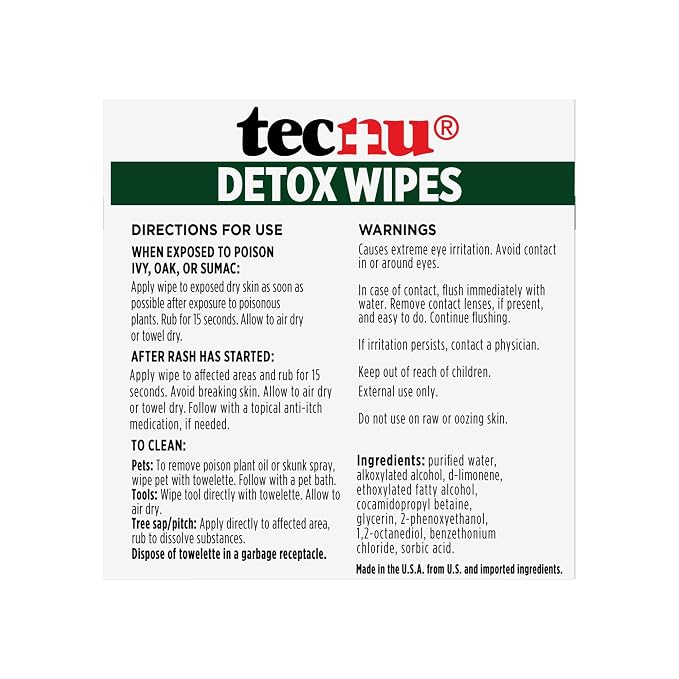 Tecnu Detox Wipes, 18count. Large Individual Poison Ivy Relief Wipes Remove Rash Causing Oil from Skin, waterless, Also for Poison Oak and Poison Sumac