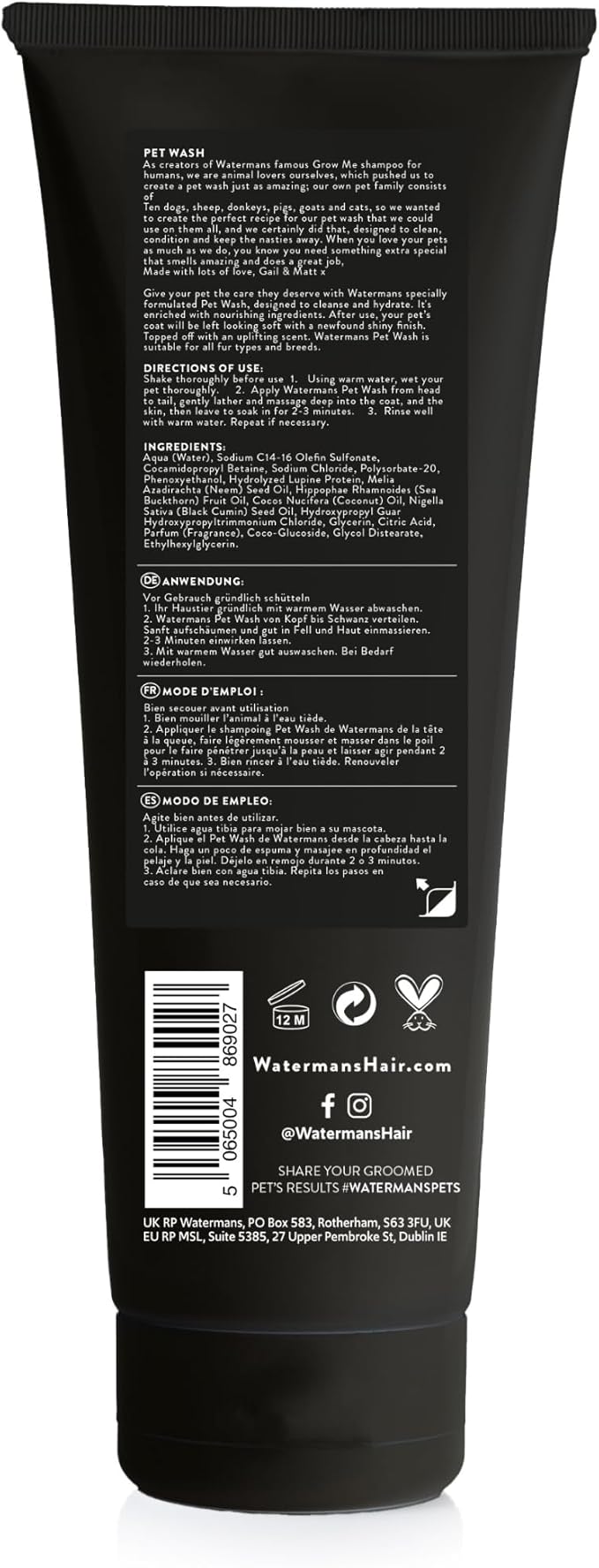 Watermans Cat & Dog Shampoo Wash - Antifungal, Natural & Antibacterial Head-to-Tail Wash - Bubble Grooming for Smelly, Itchy Skin, Dandruff & Pet Allergies - Paraben-Free & Deodorizing