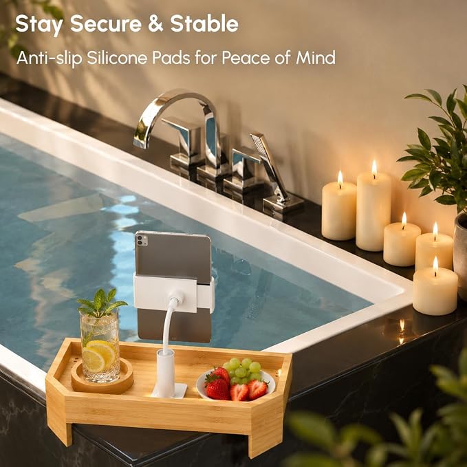 Vespara Bamboo Hot Tub Table with Adjustable Phone Holder, Non Slip Hot Tub Table Spa Gift for Women, Bathtub Canddy Tray with Wine Glass Holder for Luxury Bathtub Bathroom Accessories (Natural)