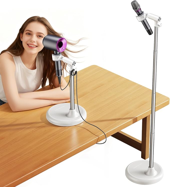 Hair Dryer Stand Hands Free, 360° Rotation White | Anti-Slip Stable Base, Aluminum Alloy, Adjustable Height 17-51 Inch, For Families & Pet Grooming
