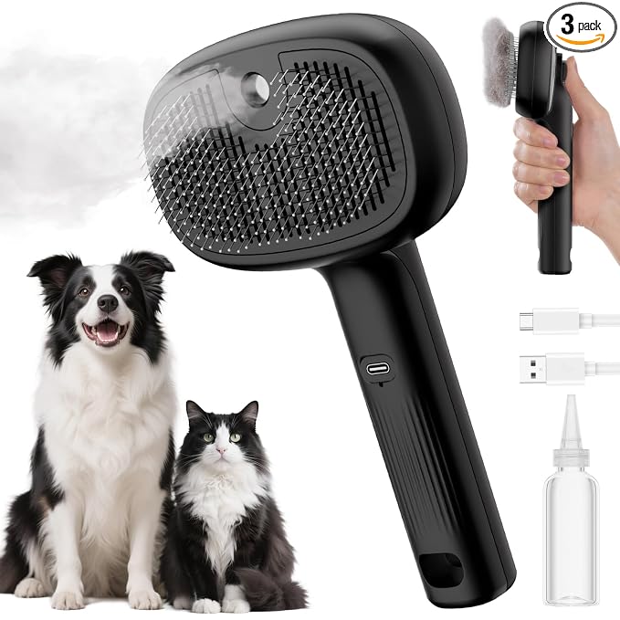 Pecute Self-Cleaning Steam Dog Cat Brush for Heavy Shedding/Long Coats | Gentle, Undercoat removal & smoothing, Shedding control, For water-anxious pets, 2 cool mist modes, XL tank, 240-min runtime