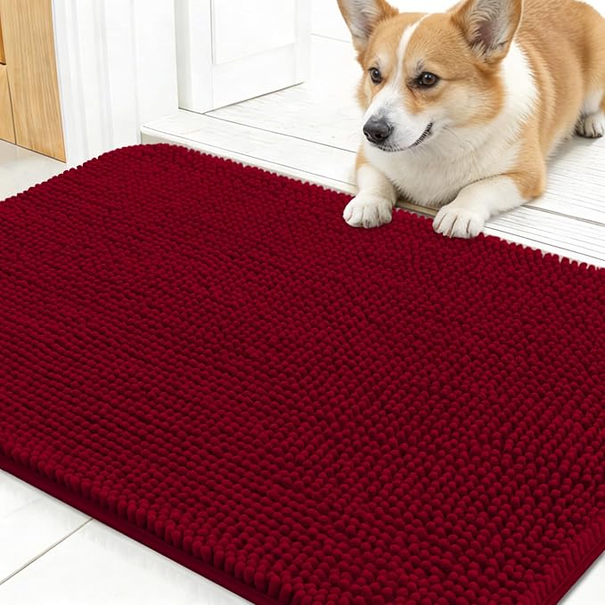 OLANLY Dog Door Mat for Muddy Paws 24x16, Absorbs Moisture and Dirt, Absorbent Non-Slip Washable Doormat, Quick Dry Chenille Mud Mat for Dogs, Entry Indoor Entryway Carpet for Inside Floor, Red
