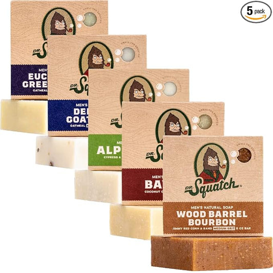 Dr. Squatch Natural Men’s Bar Soap - Cold Process Body Soap Bar with Natural Oils - Gifts for Men - Deep Sea Goat's Milk, Wood Barrel Bourbon, Eucalyptus Greek Yogurt & more (5 oz, 5-Pack)