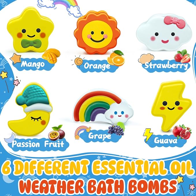 Bath Bombs for Kids, STEM 6 Pack Handcrafted Natural Organic Bubble Bath Bomb Toys, Sun Star Moon Cloud Rainbow Lightning Shaped, Perfect Daily Gifts & Reward Toys for Boys Girls