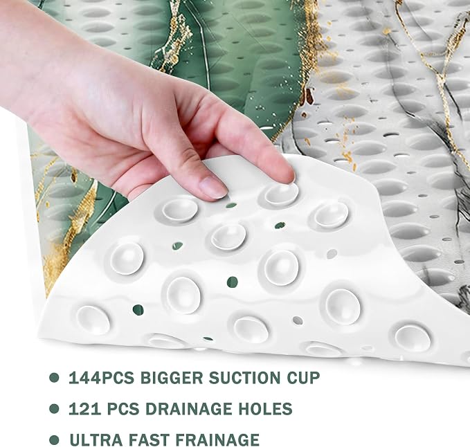 Marble Bath Tub Mat Non Slip, Green Gold Marble Non Slip Bath Mat for Shower, Large Washable Shower mats for Showers with Drain Holes and Suction Cups,40 X 16 Inch