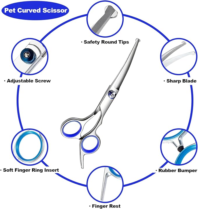 Dog Grooming Scissor, 7-in-1 Pet Grooming Scissor for Dogs, Professional Dog Grooming Kit with Safety Round Tips, Titanium Coated Cat Scissors Kit for Home Grooming (Blue)