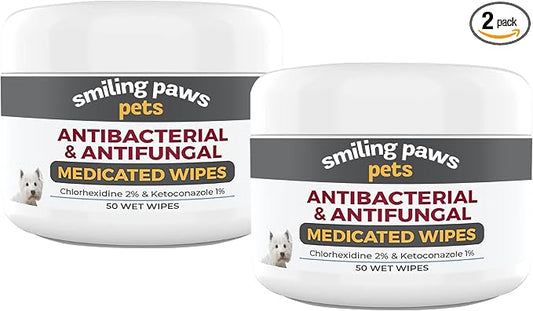 Smiling Paws Pets - Antibacterial & Antifungal Wipe for Dogs & Cats - Contains Ketoconazole & Chlorhexidine - Skin Treatment for Yeast Infection, Ringworm, Pyoderma, Bacteria & Fungus - 50ct (2 Pack)