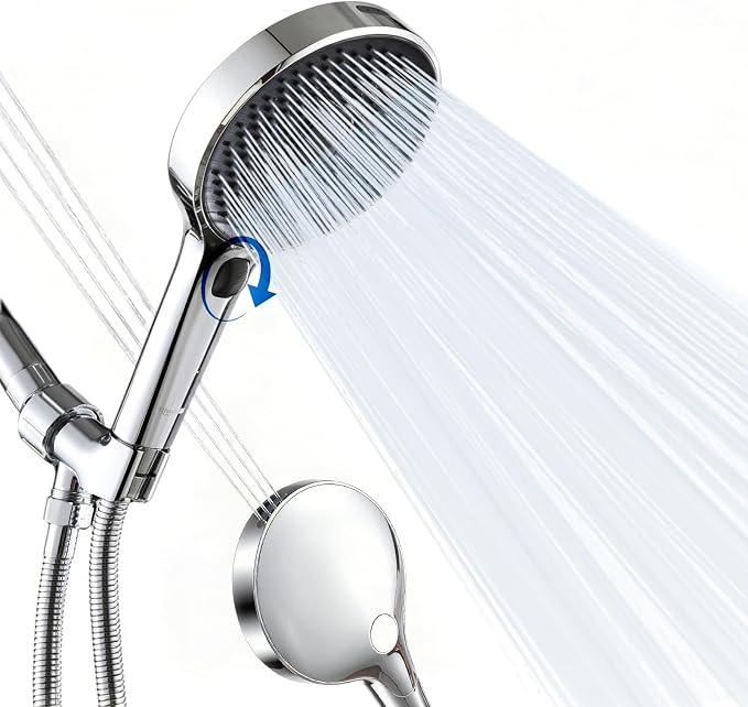 Handheld Shower Head with Scroll Wheel Flow Control, 4 Spray Settings with Built-in Continuous Power Wash, High Pressure Showerhead for Adults, Babies & Pets, Chrome (silver) (silver)