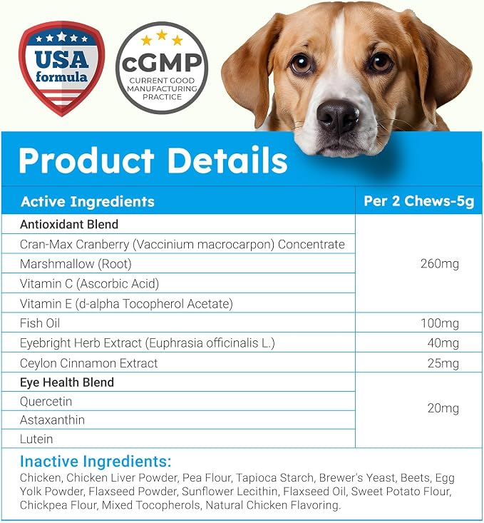 Tear Stain Chews and Eye Vitamins for Dogs - 150 Vision Soft Bites - Eye Supplements for Dogs with Lutein, Eyebright, Cranberry & Vitamin C - Chicken Flavor