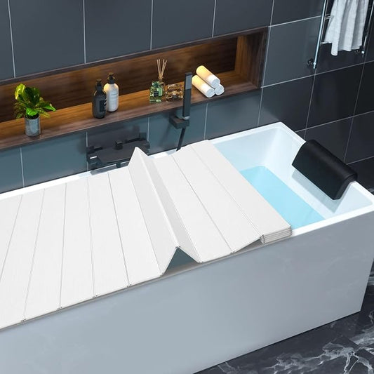 63x32in Bath Lid Cover Bathtub Tray, Foldable Bathtub Cover Bath Insulation Cover, PVC Dustproof Shutter Bath Lid fit Most Tubs, Can Hold Wine Glass, Books, Tablets, Cellphones