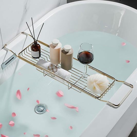 Stainless Steel Bathtub Caddy Tray, Expandable Bathtub Holder Table, Adjustable Bathroom Tray, Bath Organizer Tub Shelf,Gold,26.8~35.4in