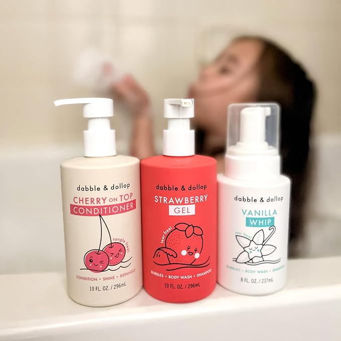 Dabble & Dollop Berry Kids Bath & Hair Care Set – Tear-Free 3-in-1 Body Wash, Shampoo & Bubble Bath + Conditioner, Paraben & Sulfate Free, Vegan, Gluten-Free, Strawberry, Vanilla & Cherry (Pack of 3)