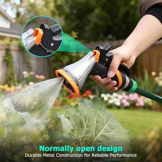 QUOBAS Metal Garden Hose Nozzle, Heavy Duty Water Hose Sprayer, Leak Proof | 10 Pattern Water Nozzle with Rubber Gasket, Garden Sprayer for Watering Plants, Washing Cars, Pet Shower, Orange, 2-Pack