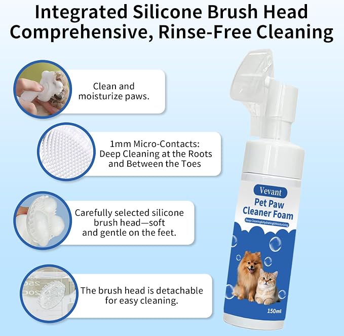 Paw Cleaner for Dogs & Cats, No-Rinse Foaming Pet Foot Washer with Built-in Scrubber Brush for Dirty, Muddy Paws, Natural and Gentle Ingredients, Pet paw Cleaning and Care (5 fl oz)