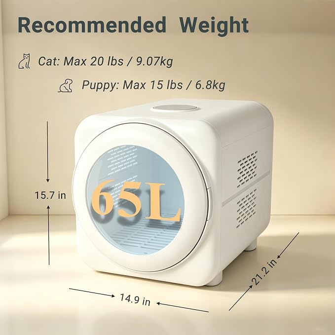 Automatic Pet Dryer Box, 360° Airflow Cat Dryer, Ultra Quiet, Temperature Control, Adjustable Wind Speed, 3 Million Negative Ions, 65L Large Capacity for Cats & Small Dogs