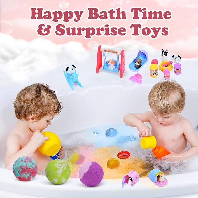 Bath Bombs for Kids with Surprise Toys Inside, 12 Pack Kids Bath Bombs with Puppy Dolls & Dog Pretend Playset, Easter Birthday Gifts for Girls Boys, Handmade Bubble Bath Fizzies Ball Gift Set