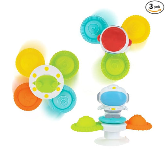 Nuby Suction Spinner Toys with Spinning Poppers – 3 Pack Baby Fidget Toys for High Chair & Bath, Space Theme, 12m+