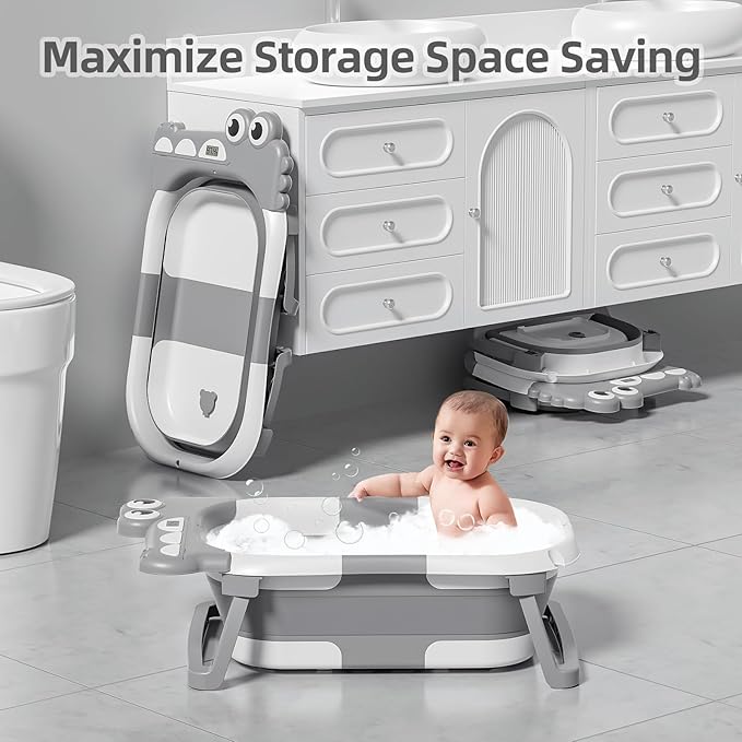 TPN Collapsible Baby Bathtub, Baby Bath Tub with Soft Cushion & Real-Time Thermometer, Baby Bathtub Infant to Toddler Tub (0-36 Months), Portable Newborn Travel Bath Tub