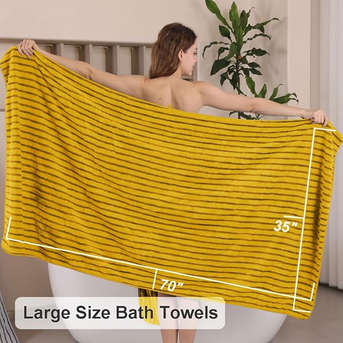 8 Pcs Yellow Cabana Stripe Polyester Bath Towel Set Oversize Bath Sheet-2 Bathroom Towels,2 Hand Towels,4 Washcloths Soft Jumbo Towels Absorbent Shower Towel Quick Dry Beach Chair Towel for Spa Gym