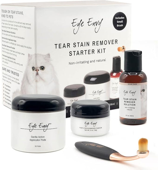 Eye Envy Cat Tear Stain Remover Starter Kit with ProPowder Brush. Stain Solution, Applicator Pads, Stain Powder, and Small Applicator Brush. Tear Stain Cleaning Kit. Lasts 30-45 Days. Made in USA.