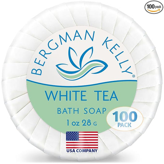 BERGMAN KELLY Luxury Travel Size Round Soap Bulk, White Tea, 1 oz, 100 PK | Bergman Kelly Guest Size: Individually wrapped 3" x 1.8" bars. Rich lather, ideal for Airbnbs, travel, and care packages.