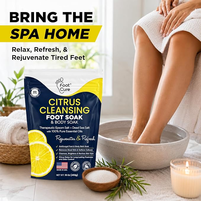 FOOT CURE Citrus Detox Foot Soak With Epsom Salts for Foot Callus, Immune Boost, Damaged Toenail, Athletes Foot, Pedicure and Soothes Tired Aching Feet - 16 oz (Pack of 2)