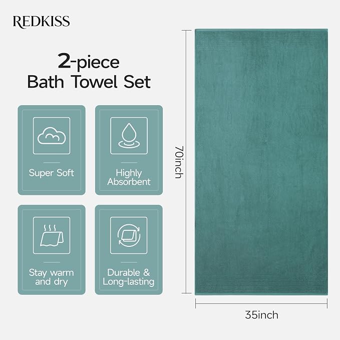 REDKISS 2 Pack Extra Large 35x70 Inch Cotton Bath Towels, Blue | 100% thick cotton, ultra soft & absorbent, quick dry blue towels for bathroom, gym, spa, pool, hotel