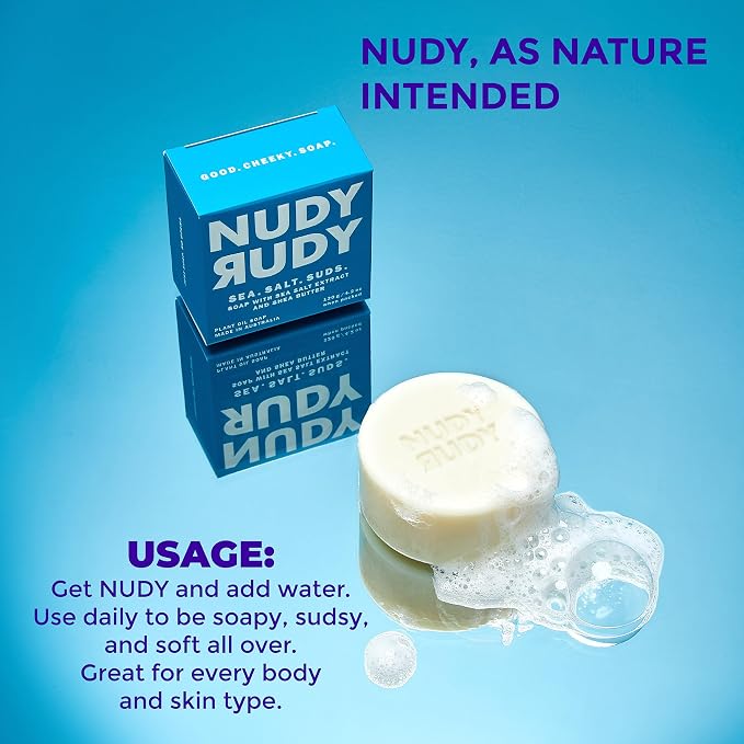 Nudy Rudy Sea Salt Suds Soap Bar Puck, Made with Organic Shea Butter and Sea Salt, Triple Milled Bar, No Harsh Ingredients, All Skin Types, 4.2 oz, Made in Australia