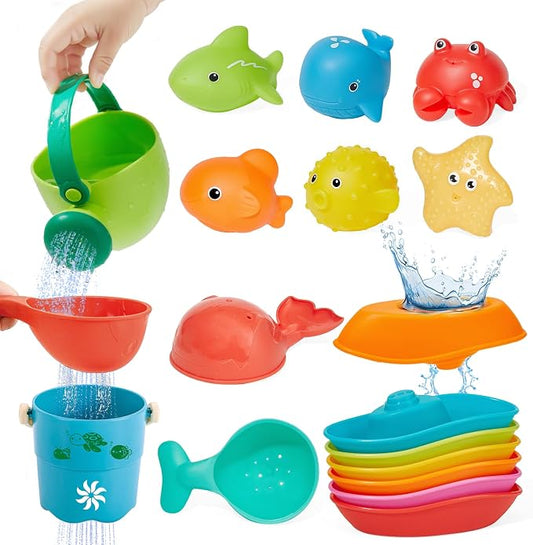 Baby Bath Toys for Kids Ages 1-3, 16PCS | Easy Clean Mold Free Bath Toys Toddlers 2-4 | Bathtub Pool Water Table Toys for Babies & Toddlers | Bath Boats Spoons Bucket Watering Can Tub Toy for Toddlers