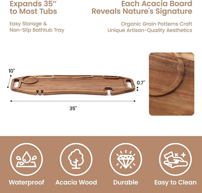 Bathtub Tray with Accessories Holder and Storage, Non-Slip Bath Tray for Tub and Bathroom Relax or Spa, 35 Inches Acacia Wooden Tray, Perfect Bath Companion Gift for Girl Friend Mother and Family.