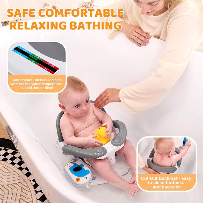 Baby Bath Seat for Babies 6 Months & Up Sitting Up,Infant Bath Seat with Temperature Alert+Open Backrest+on/Off Armrest,Toddler Bath seat Baby Bath Chair for Bathtub,Tub,Sink (Light Gray)