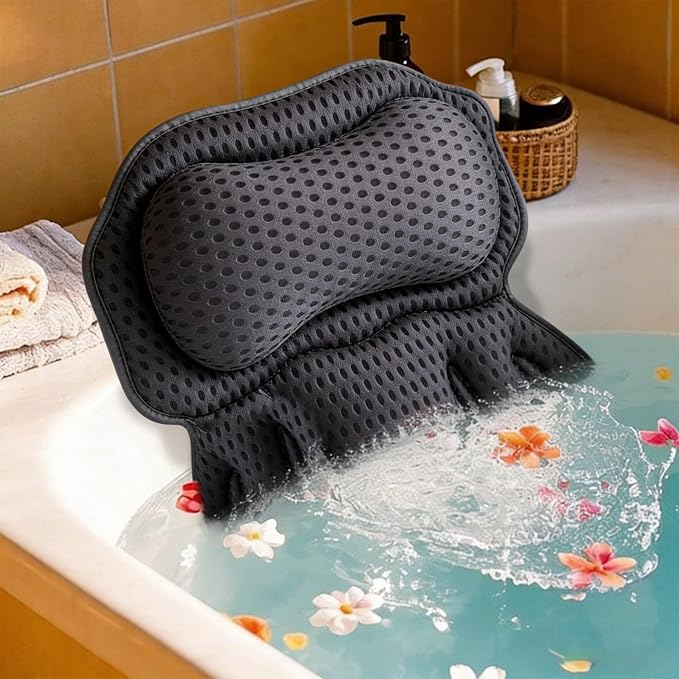 Luxury Bathtub Pillow, 4D Air Mesh Soft Bath Pillows for Tub, Ergonomic Neck & Back Support, Non-Slip Suction Cups Head Neck Support Hot Tub Pillow, Spa Bath Accessories Gift for Women Gray