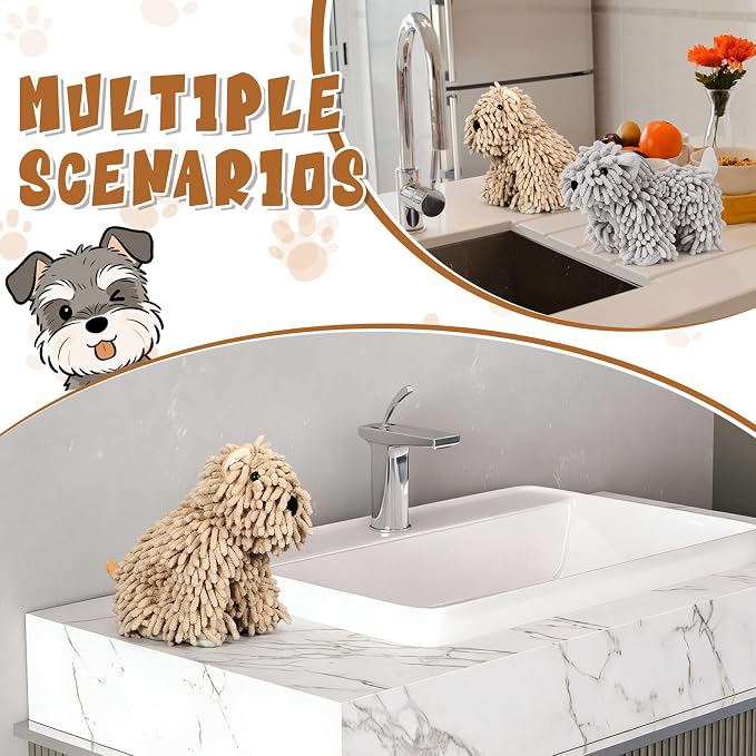 Tegeme 2 Pcs Chenille Dog Hand Towel Fuzzy Towel Absorbent Microfiber Soft for Bathroom Kitchen Washstand (Khaki Grey,Siting and Standing Dog)