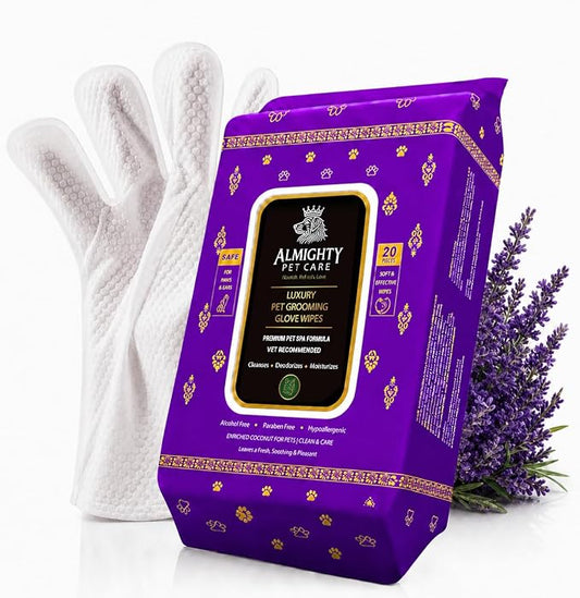 Premium Pet Grooming Glove Wipes for Dogs & Cats, 3X Thick No-Rinse Bathing Gloves, Hypoallergenic Deodorizing Paw & Body Cleaner, Grooms Hydrates & Nourishes, 20 Count, Lavender Scent