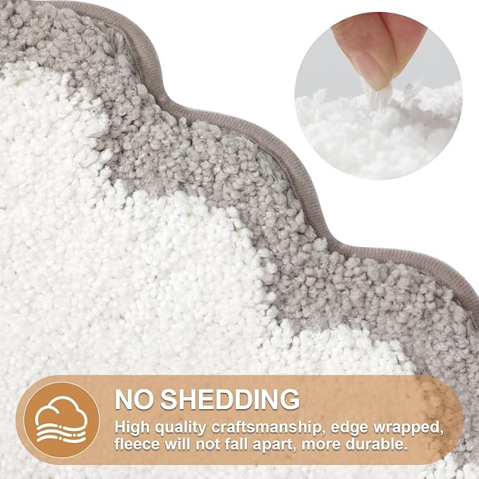 ORTIGIA Cute Scalloped Bath Mat Grey Bathroom Rugs Non Slip Washable, Quick Dry Absorbent Plush Microfiber White & Gray Bathmat for Bathtub Shower, Floor Carpet for Sink Bedroom, 20x32