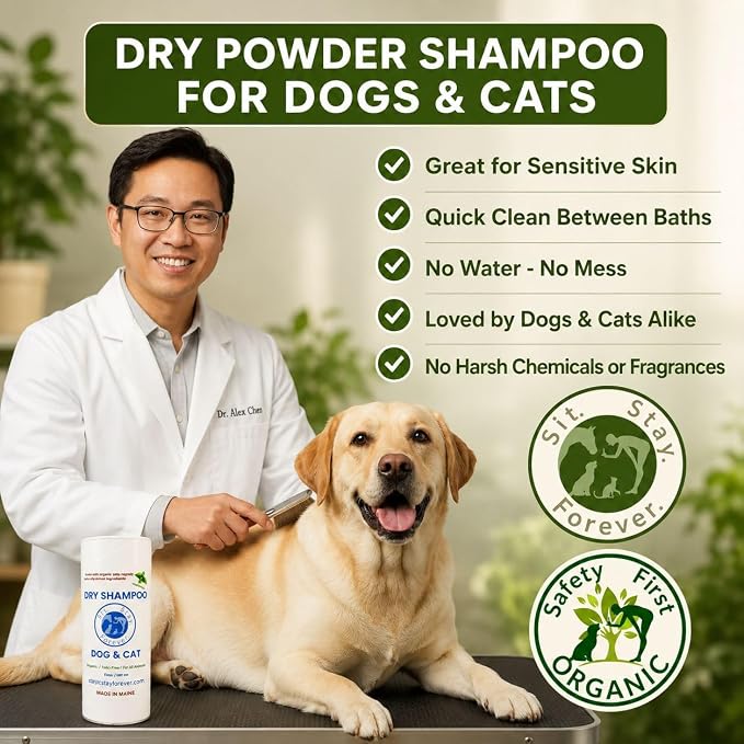 Sit Stay Forever.Dry Shampoo for Dogs & Cats – Organic Dry Powder, Waterless No-Rinse, Lick-Safe, Talc-Free, Talco para Perros, Hypoallergenic Odor & Itch Relief, Safe for Puppies & Kittens, USA 7 oz