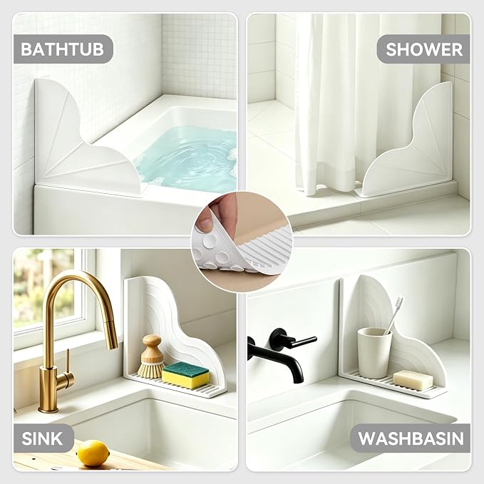Shower Splash Guard 2-Pack – All-Silicone Bathtub Splash Guard with Strong Suction Cups, Reusable Shower Water Blocker for Bathtubs and Countertops (White, L-2pcs)