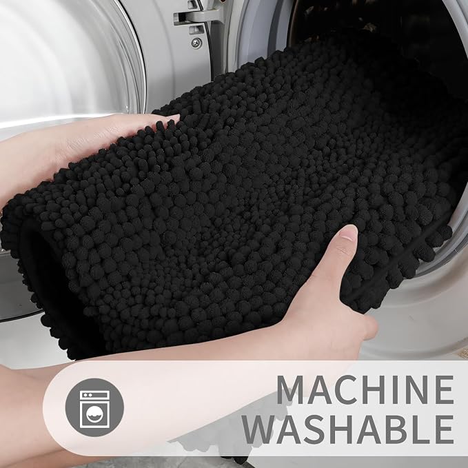 Yimobra Toilet Rugs U Shaped Washable 24 x 20, Non Slip and Super Absorbent Toilet Mat, Quick Dry, Ultra Luxury Microfiber Chenille Plush Fluffy Contour Bath Rugs for Toilet Base, Black