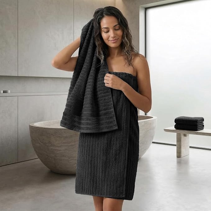 RIVERSIDE Pack of 2 Extra Large Bath Sheet Towels, 35 x 70 Inches, 600 GSM, Ribbed Stripe, 100% Cotton - Super Soft, Highly Absorbent & Quick Dry for Bathroom, Spa & Hotel, Black