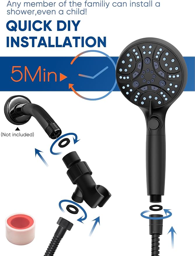 High Pressure Handheld Shower Head with Filter & ON/OFF Switch, Modern Black