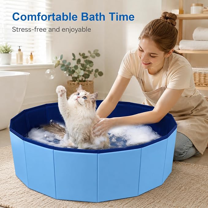 Cat Bath Tub, Foldable Cat Bath Pool with Water Drain Plug, Space Saving Pet Bathtub for Pet Puppy Dogs Cats, Easy to Clean, Can be Used Indoors or Outdoors