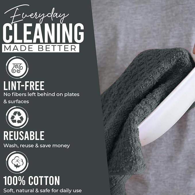 DAN RIVER Premium Grey Kitchen Towels - [Pack of 12] 100% Cotton (16x 26 Inches) -Super Soft, Highly Absorbent Hand Towels, Quick Dry, Dish Towels, Tea and Bar Towels Set