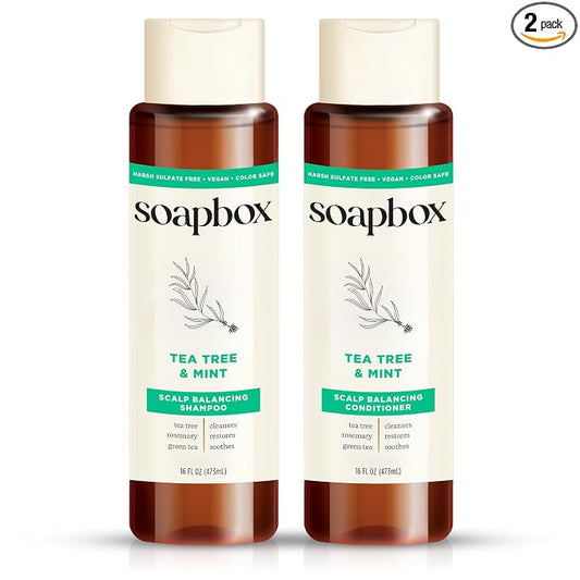 Soapbox Tea Tree Oil & Mint Shampoo & Conditioner Set, Leaves Hair & Scalp Balanced & Soothed - Clean Ingredients Free of Harsh Chemicals, Sulfates, Parabens & Silicones - 16 oz Each