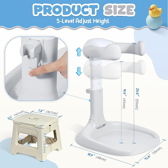 Orzbow Baby Shower Stand, Collapsible Baby Bath Stand with Foldable Chair, Adjustable Height Toddler Shower Standing Support for Infant 6-36 Months, Anti-Slip Base, Easy-Use, Gray