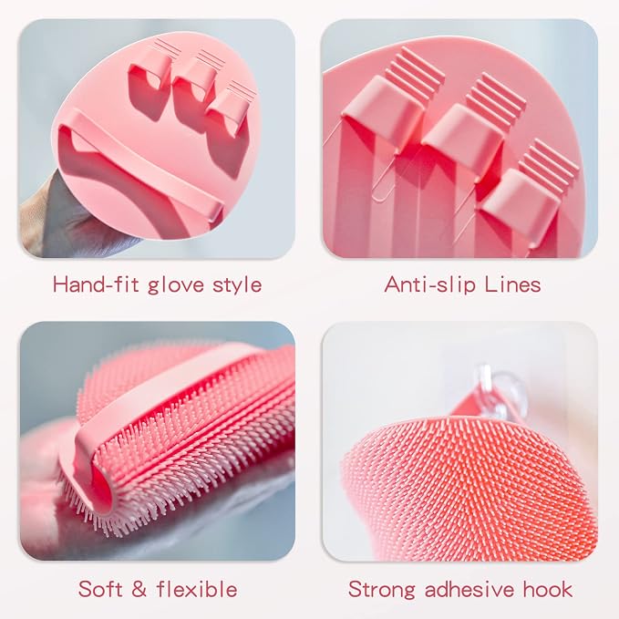 Manmihealth Silicone Back Scrubber (Thick Bristles) & Bath Glove & Face Brush Set (3PCS), Super-Exfoliating & Lathering Body Scrubber, Shower Brush, Face Scrubber Combination, with a Free Hook (Pink)