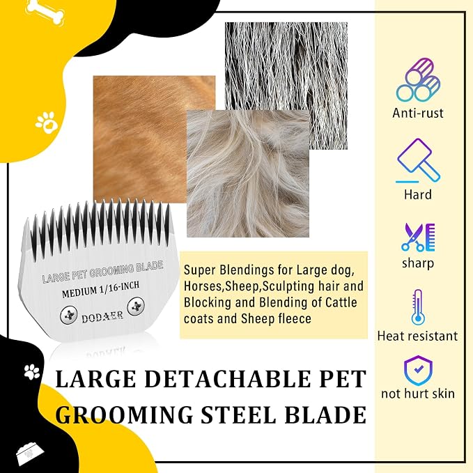 Dog Grooming Blade,Compatible with Andis Medium Blending,Oster A5,Wahl KM10 | Steel Medium Blade,1/16-Inch Cut Length for Large dog,horses,sheep（64330）