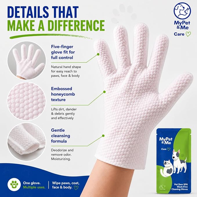 My Pet & Me Pet Glove Wipes for Dogs & Cats with Olive & Jojoba Oil, No-Rinse Five-Finger Cleaning Gloves, Individually Wrapped Grooming Mittens for Between Baths, Paws, Face & Body, 6 Count
