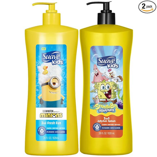 Suave Kids 3-in-1 Variety 2-Pack – Minions Fresh Fun + SpongeBob SquarePants JellyFish Splash Tear-Free Shampoo, Conditioner & Body Wash, 28 Oz Ea