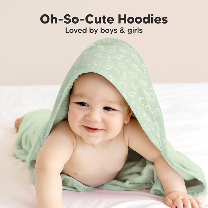 KeaBabies Hooded Baby Towel for Newborn, Baby Bath Towels (Dinos, 30x30) | Viscose Derived from Bamboo, Large Baby Towels with Hood, Boys, Girls, Toddler, Soft Absorbent Baby Bath Essentials